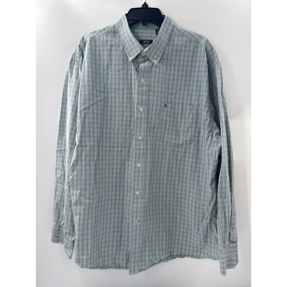 Izod Mens XXL Plaid Button Down Shirt Green Blue Long Sleeve Pocket Classic Fit